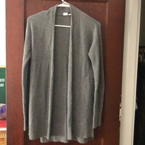 Grey knit cardigan.